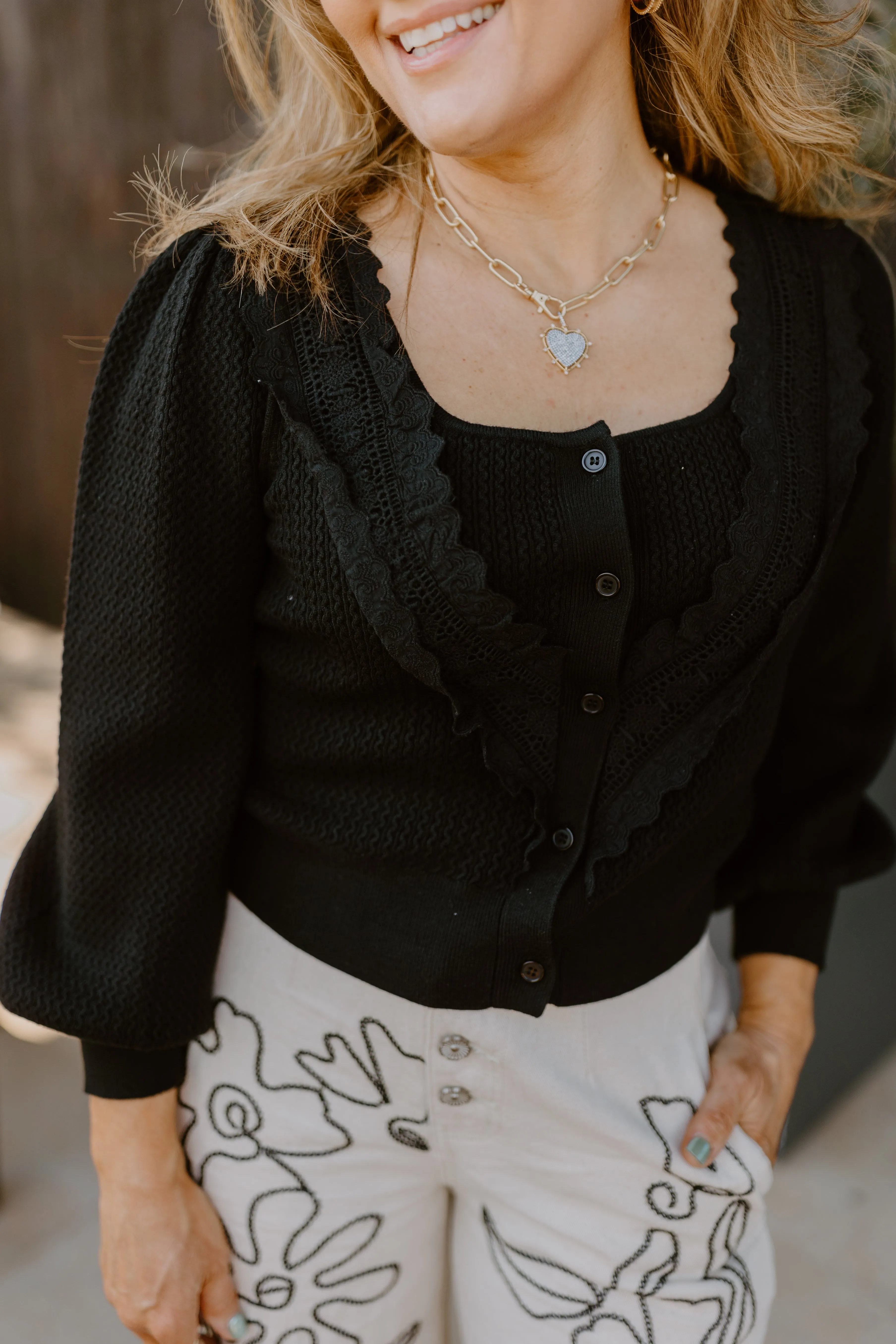 Black Square Neck Balloon Sleeve Cardigan