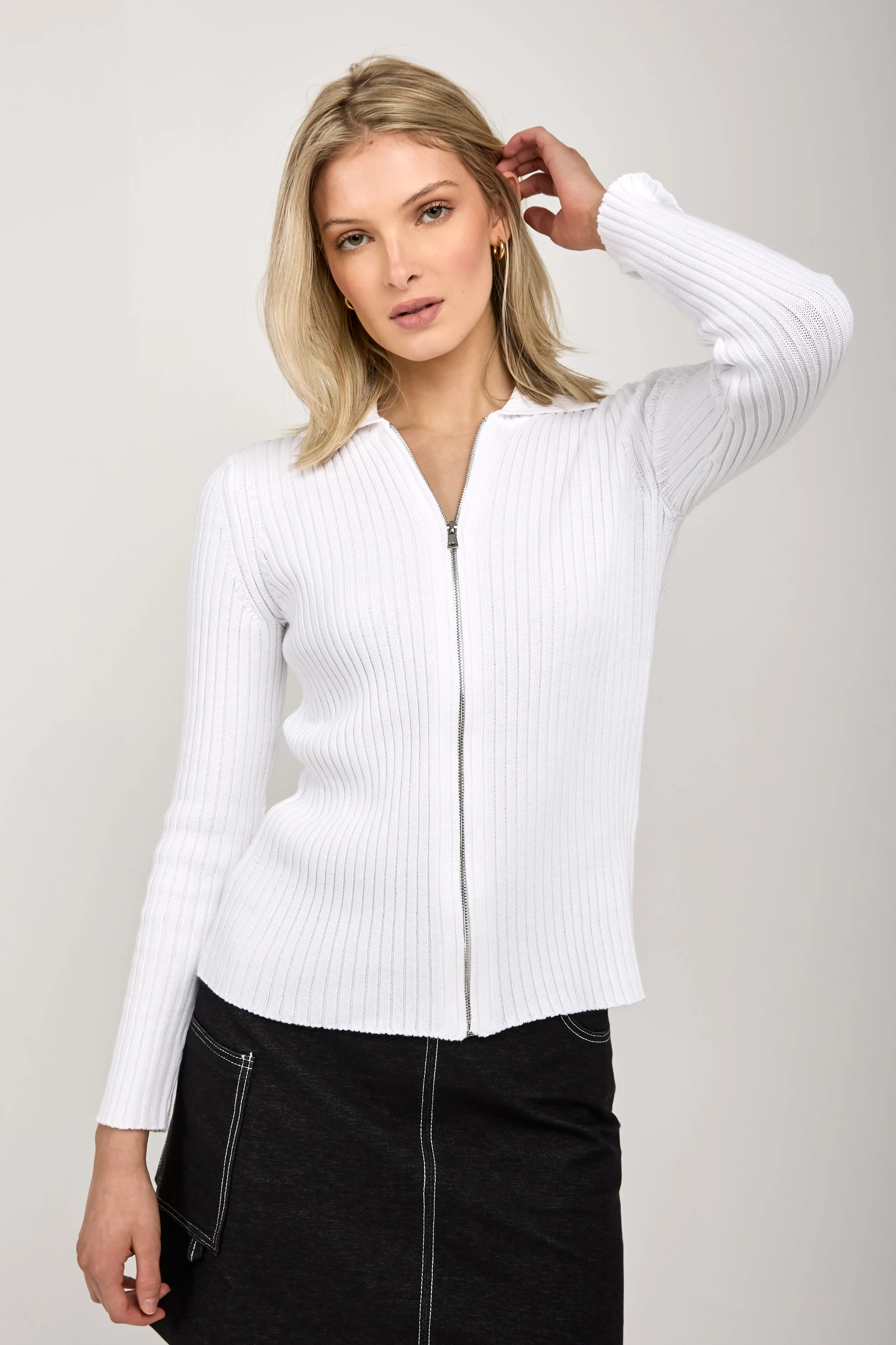 Calente Knit Zip-Up Cardigan in Optical White