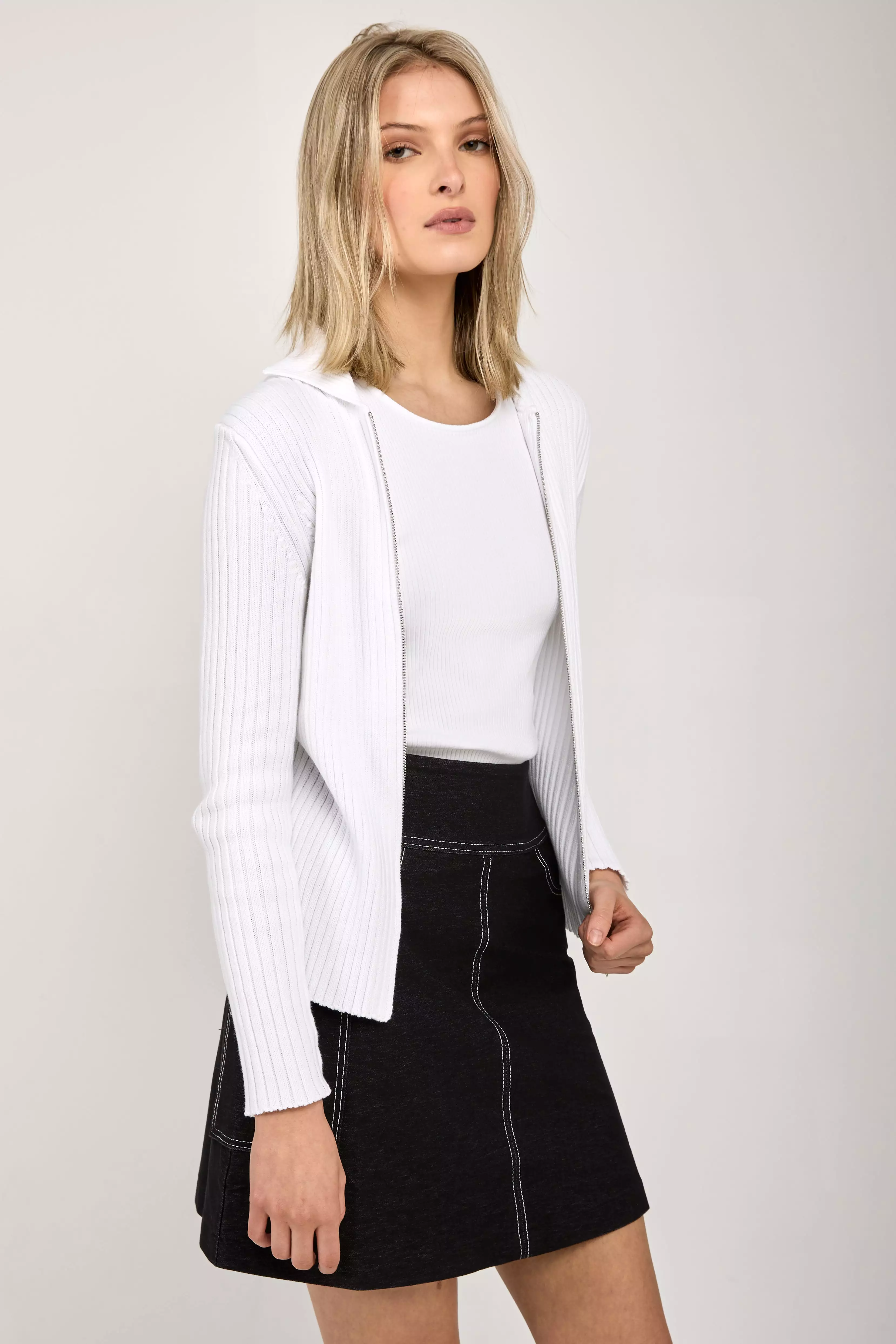 Calente Knit Zip-Up Cardigan in Optical White