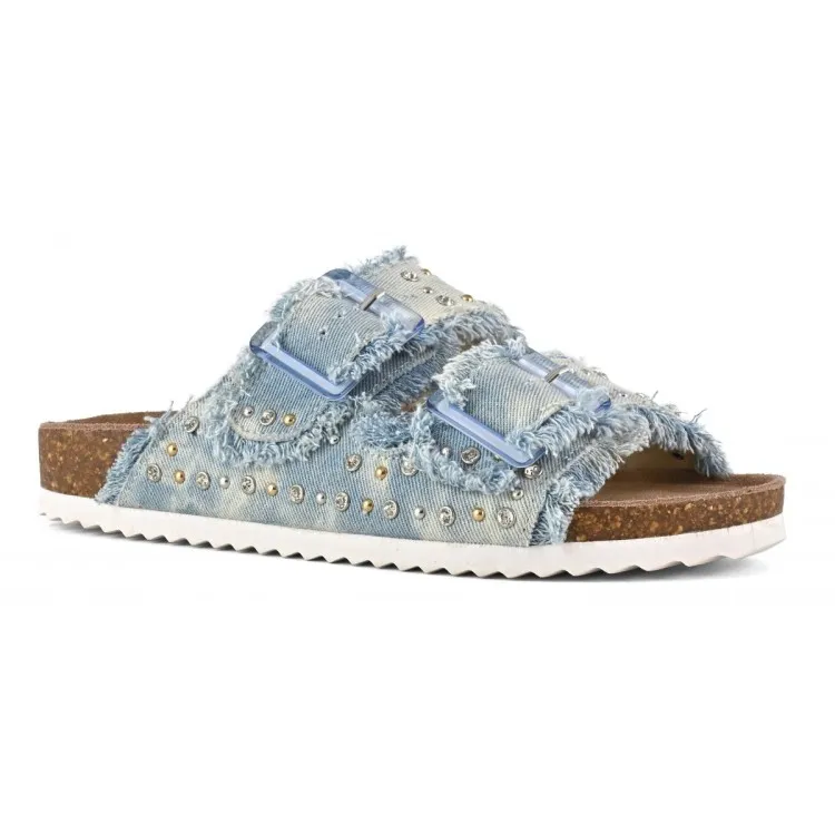 COLORS OF CALIFORNIA BIO406 Sandali Donna con Doppia Fascia in Denim e Strass White