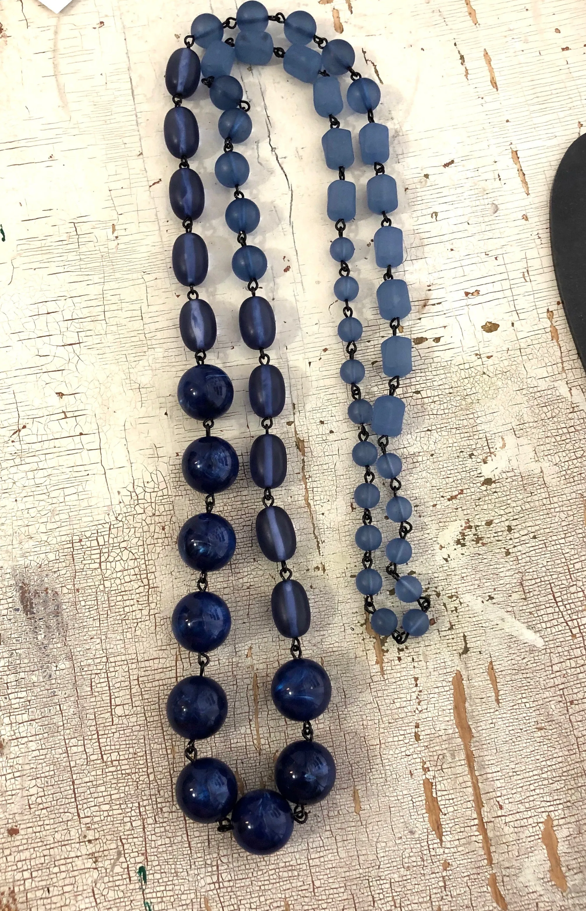 Denim Blue Beaded Rosary Chain Rope Necklace