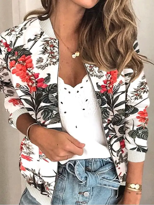 Floral Print Zip-Up Baseball Jacket for Women