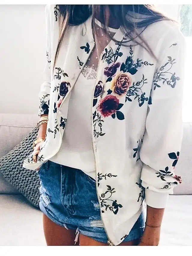 Floral Print Zip-Up Baseball Jacket for Women