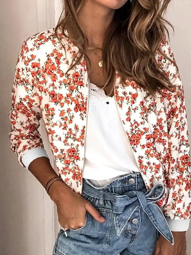 Floral Print Zip-Up Baseball Jacket for Women