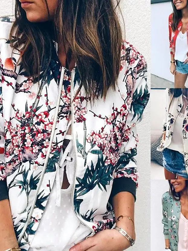 Floral Print Zip-Up Baseball Jacket for Women