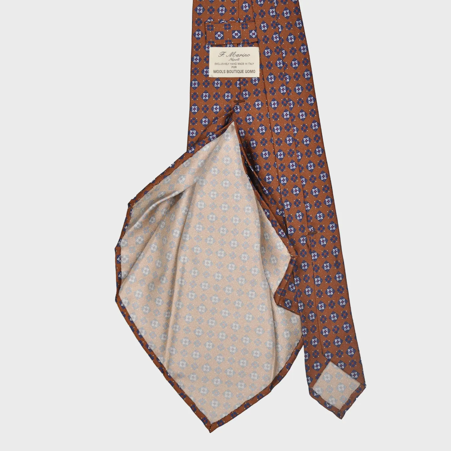 F.Marino Silk Tie 7 Folds Diamonds Caramel Brown