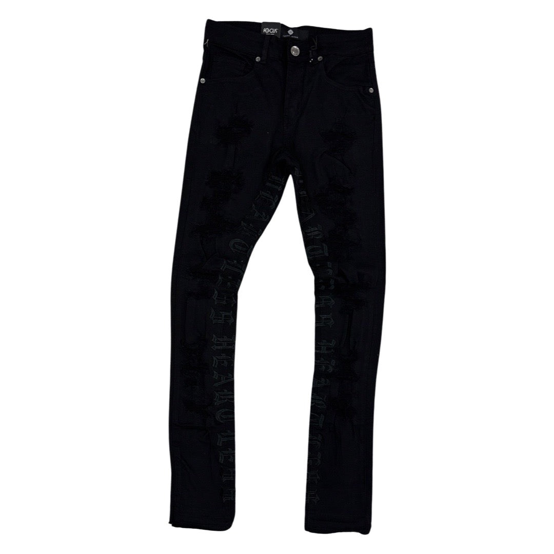 Focus Black Heartless Letter Jeans (3669)