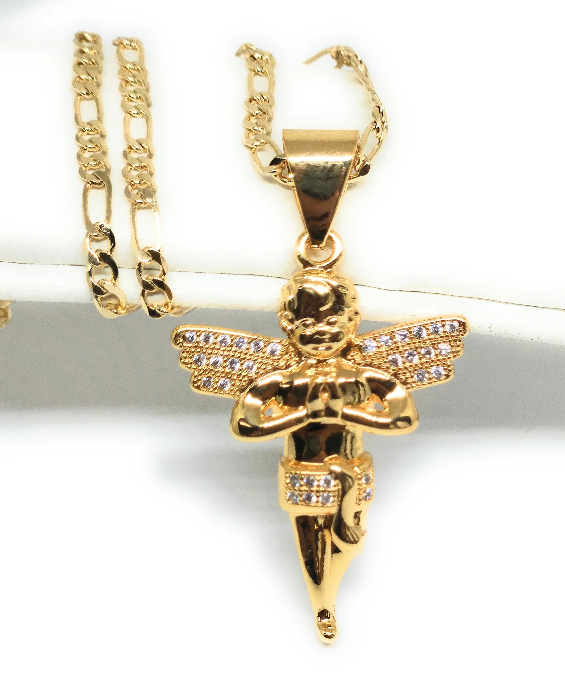 Gold Plated Angel CZ ICED OUT Pendant Necklace 24 Figaro Chain (SM,MED)