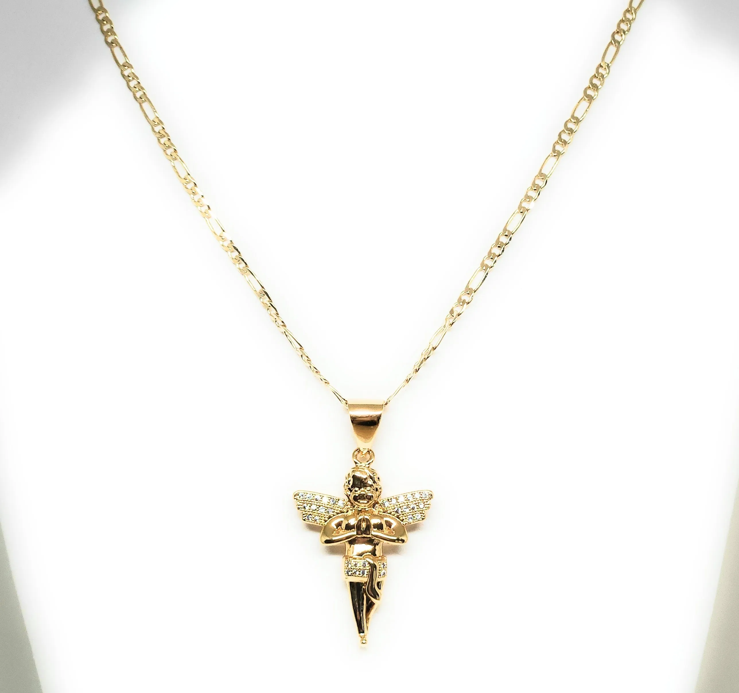 Gold Plated Angel CZ ICED OUT Pendant Necklace 24 Figaro Chain (SM,MED)