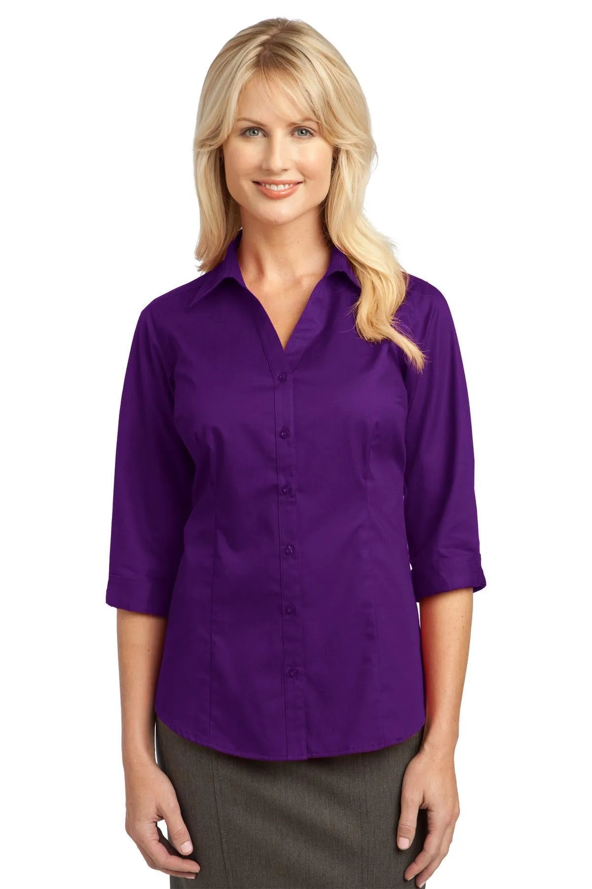 IMPROVED Port Authority Ladies 3/4-Sleeve Blouse L6290 Deep Purple