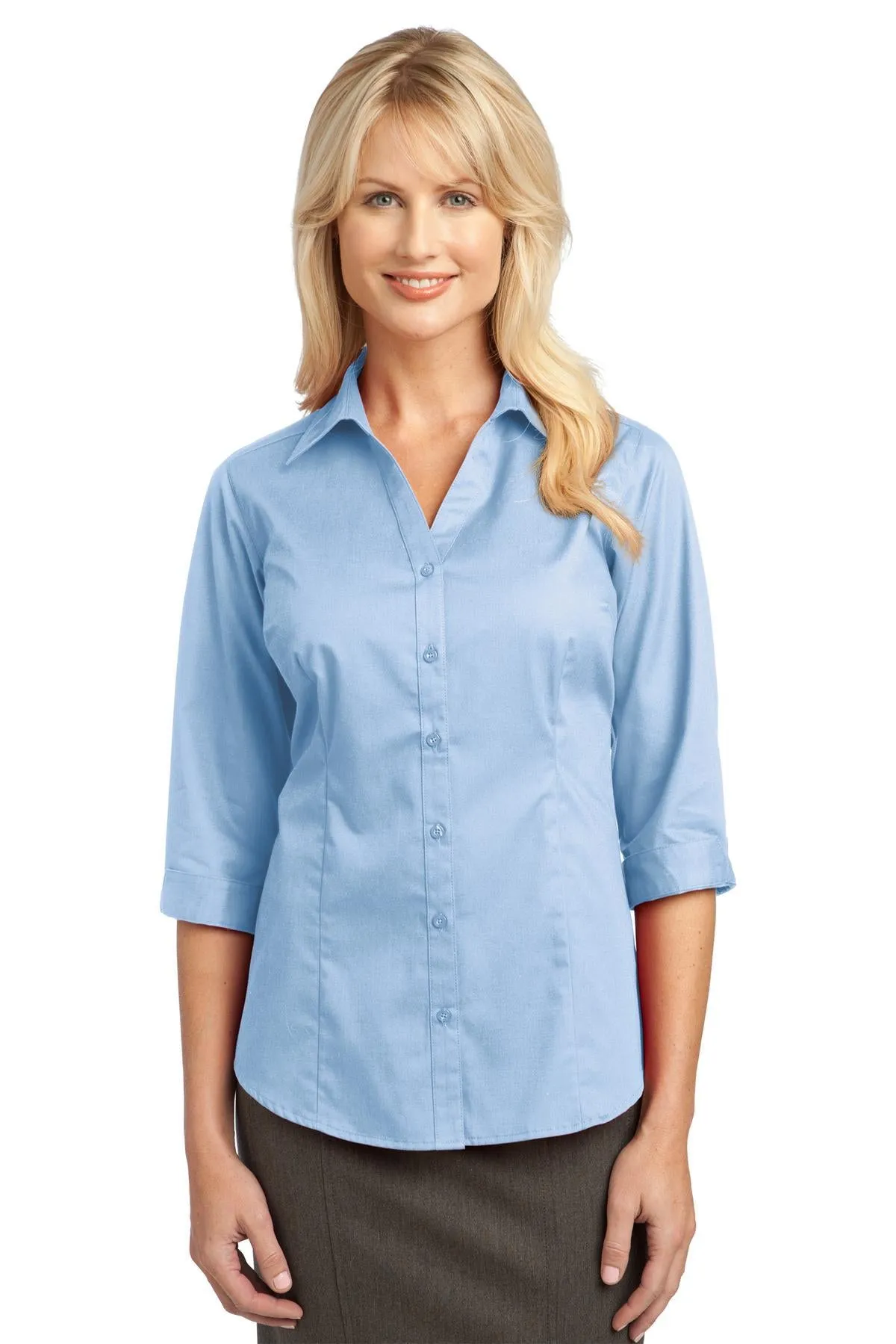 IMPROVED Port Authority Ladies 3/4-Sleeve Blouse L6290 Light Blue