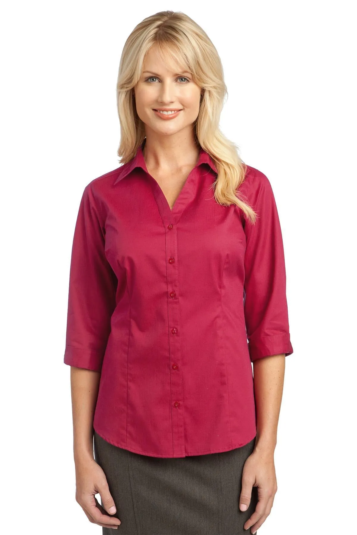 IMPROVED Port Authority Ladies 3/4-Sleeve Blouse L6290 Raspberry Pink