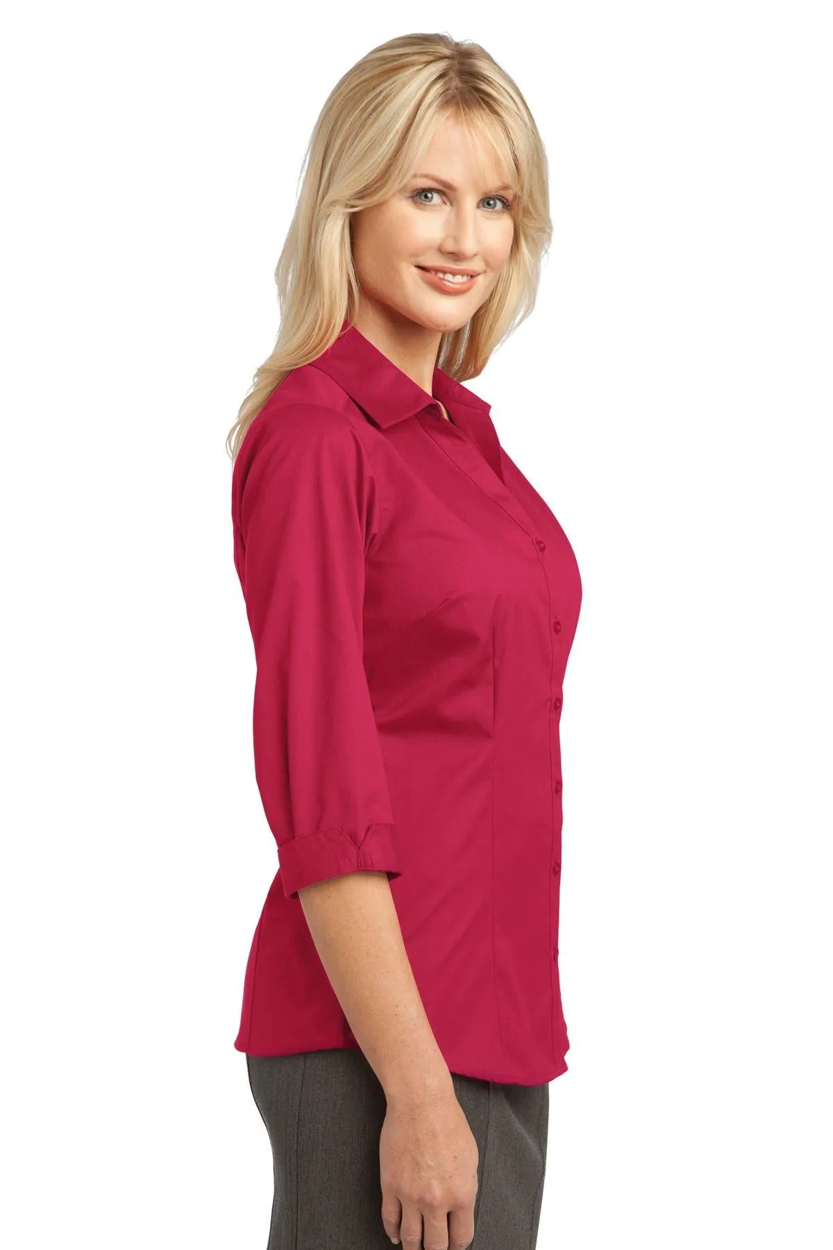 IMPROVED Port Authority Ladies 3/4-Sleeve Blouse L6290 Raspberry Pink