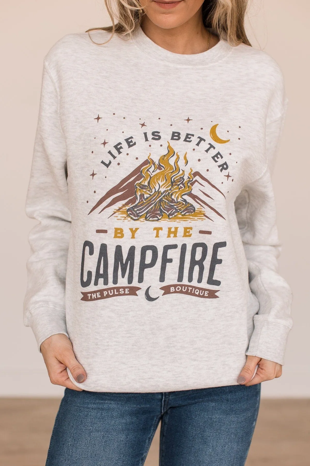 Life Is Better By The Campfire Crew Neck- Light Heather Grey