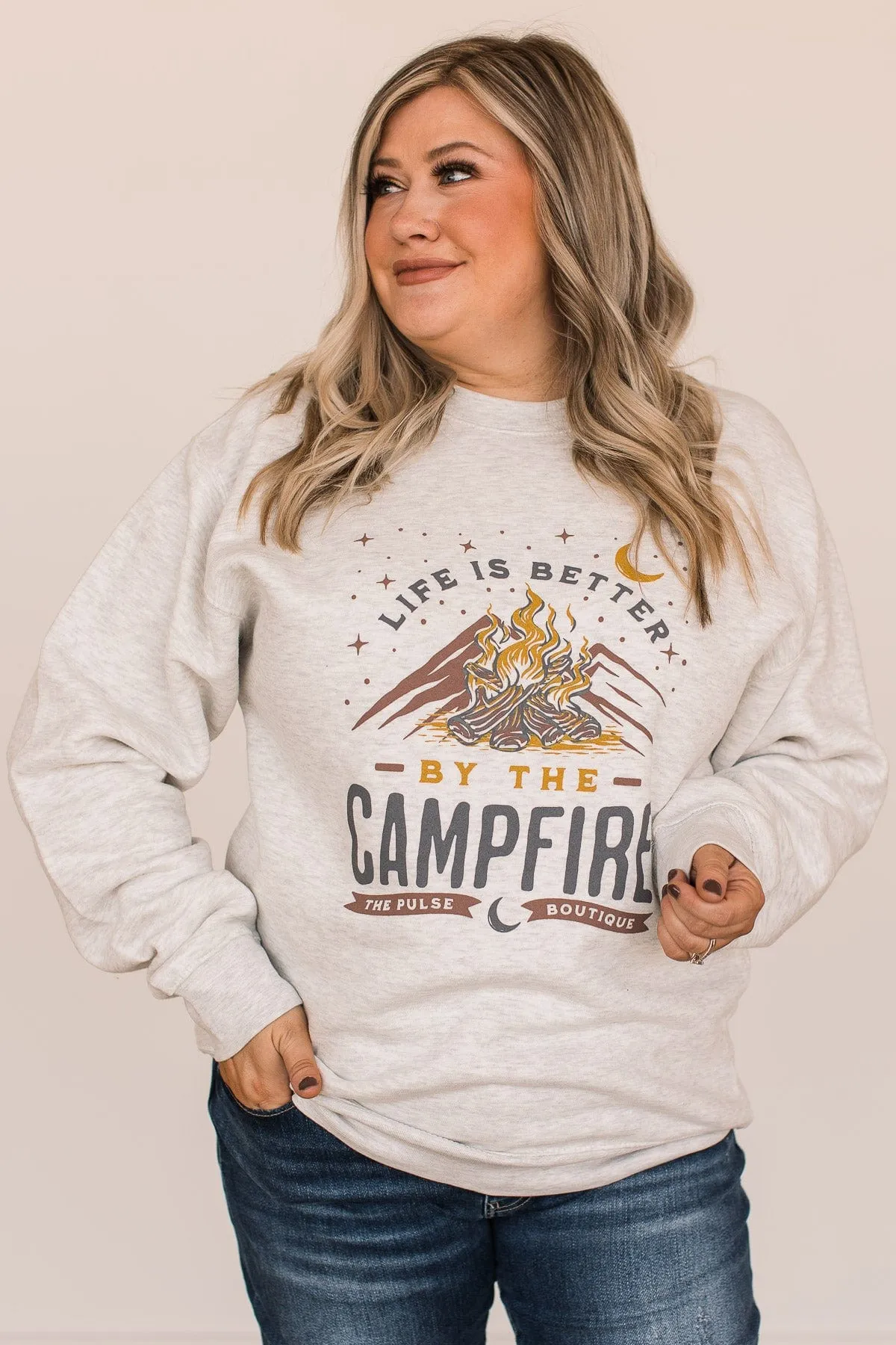 Life Is Better By The Campfire Crew Neck- Light Heather Grey