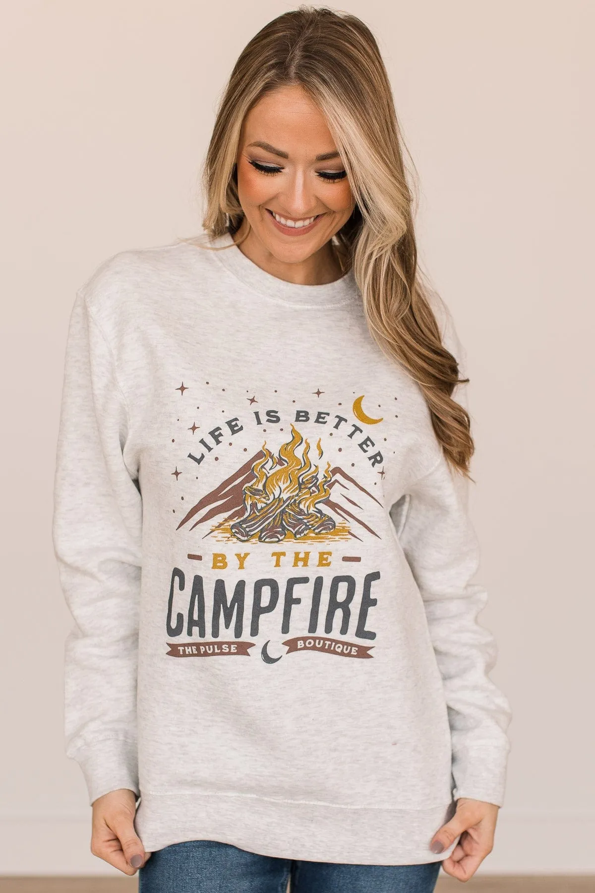 Life Is Better By The Campfire Crew Neck- Light Heather Grey