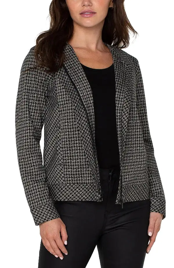 Liverpool Collarless Zip Up Jacket - Black/Tan Lattice Plaid