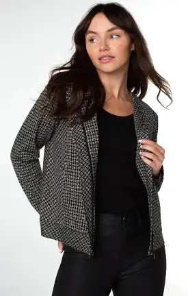 Liverpool Collarless Zip Up Jacket - Black/Tan Lattice Plaid