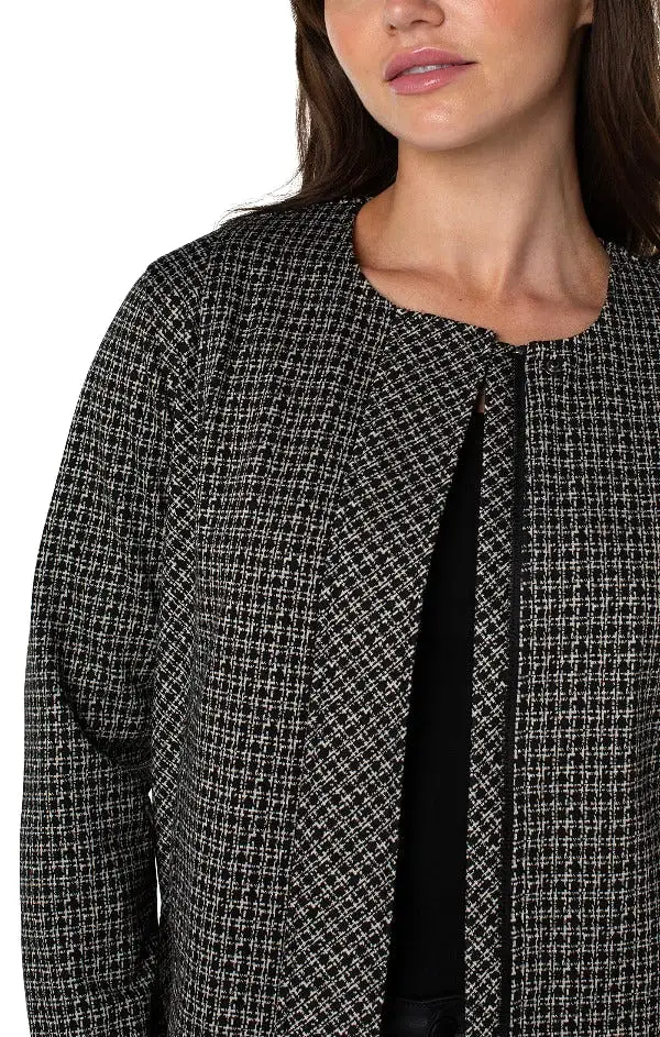 Liverpool Collarless Zip Up Jacket - Black/Tan Lattice Plaid