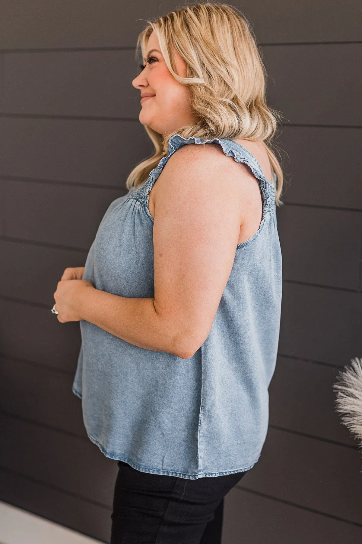 Loving Heart Smocked Tank Top- Light Denim