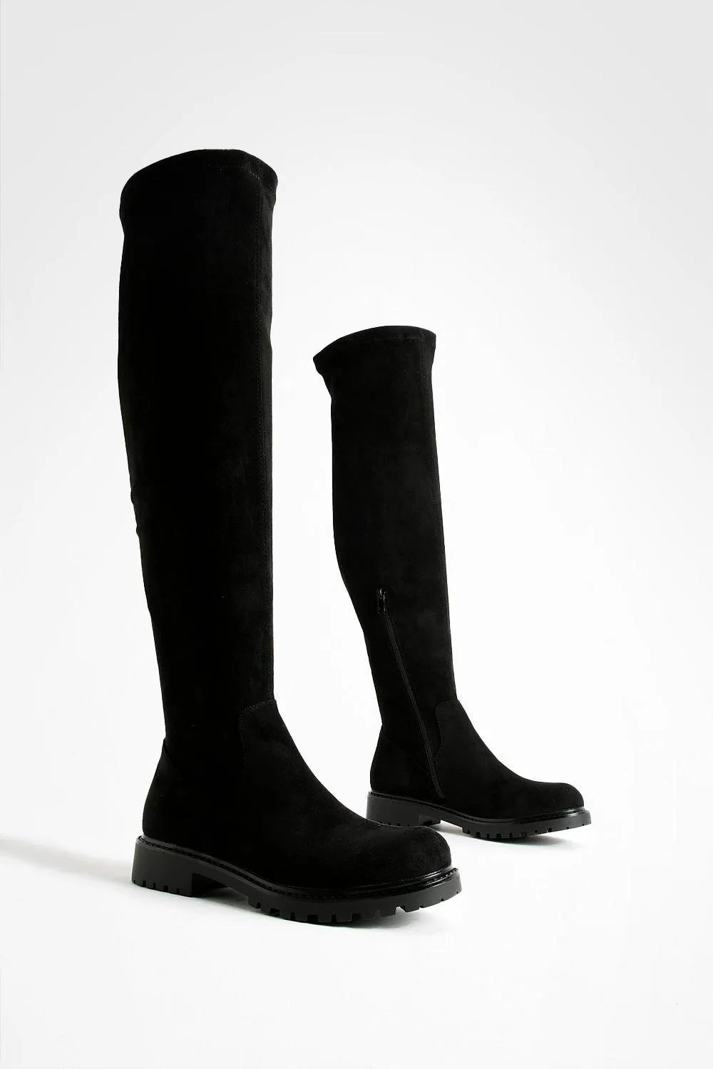 Lug Sole Stretch Knee High Boots