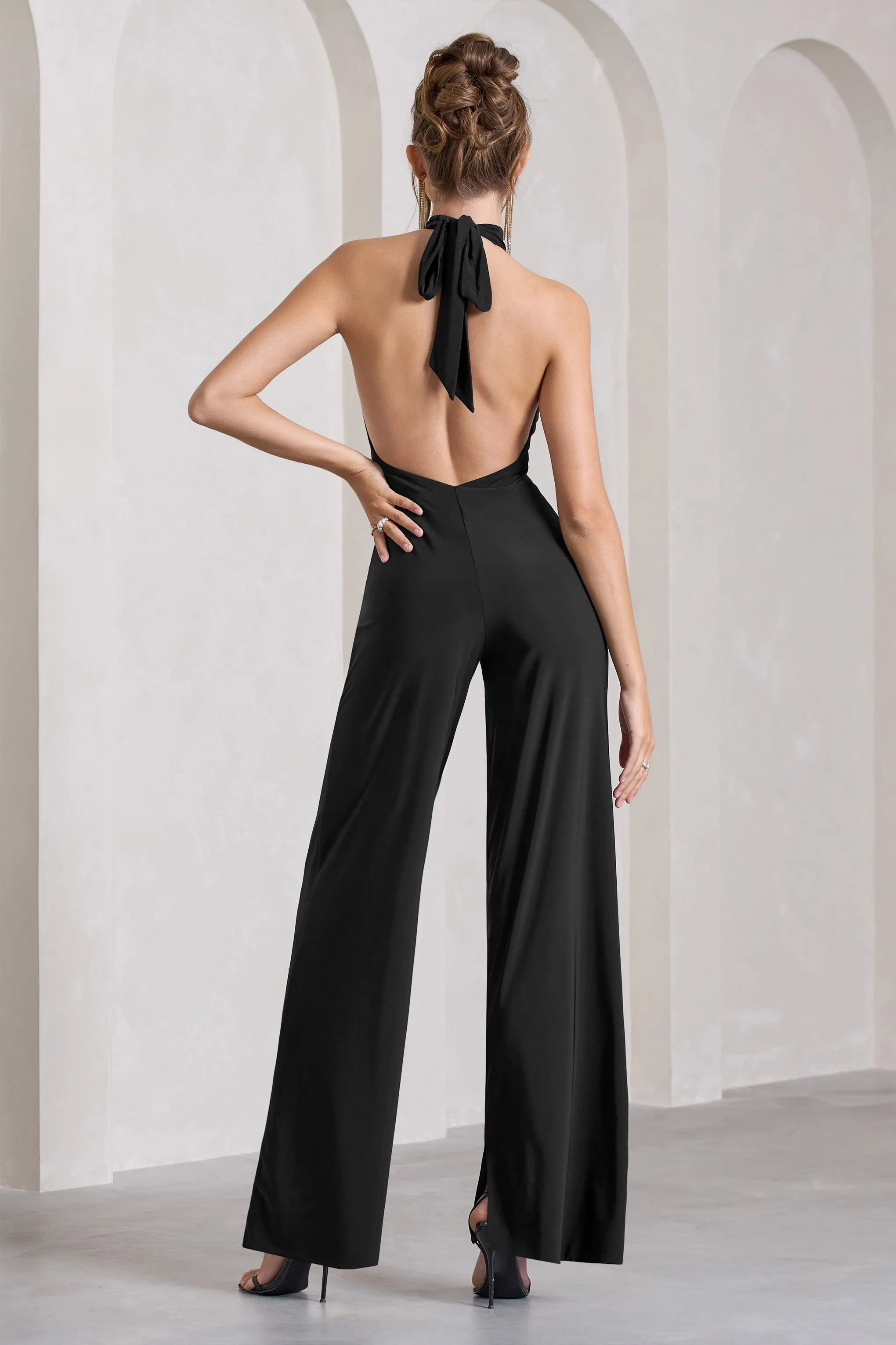 Marcy | Black Halter-Neck Backless Wide-Leg Jumpsuit