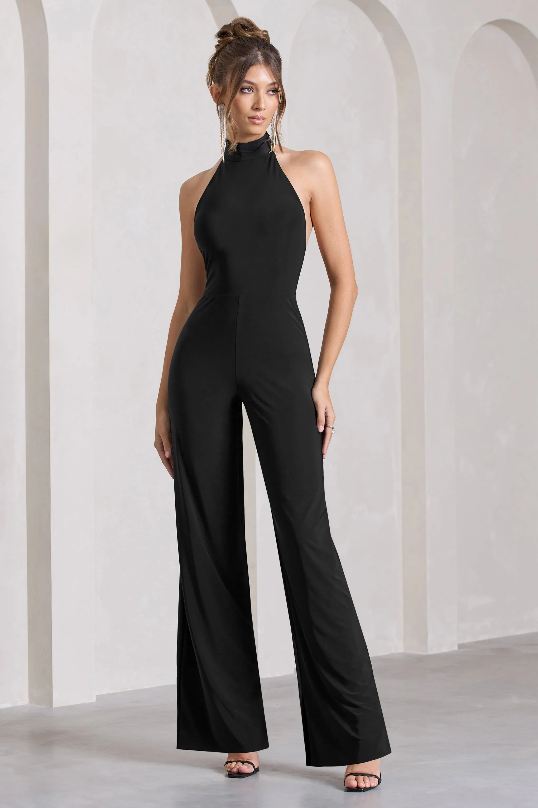 Marcy | Black Halter-Neck Backless Wide-Leg Jumpsuit