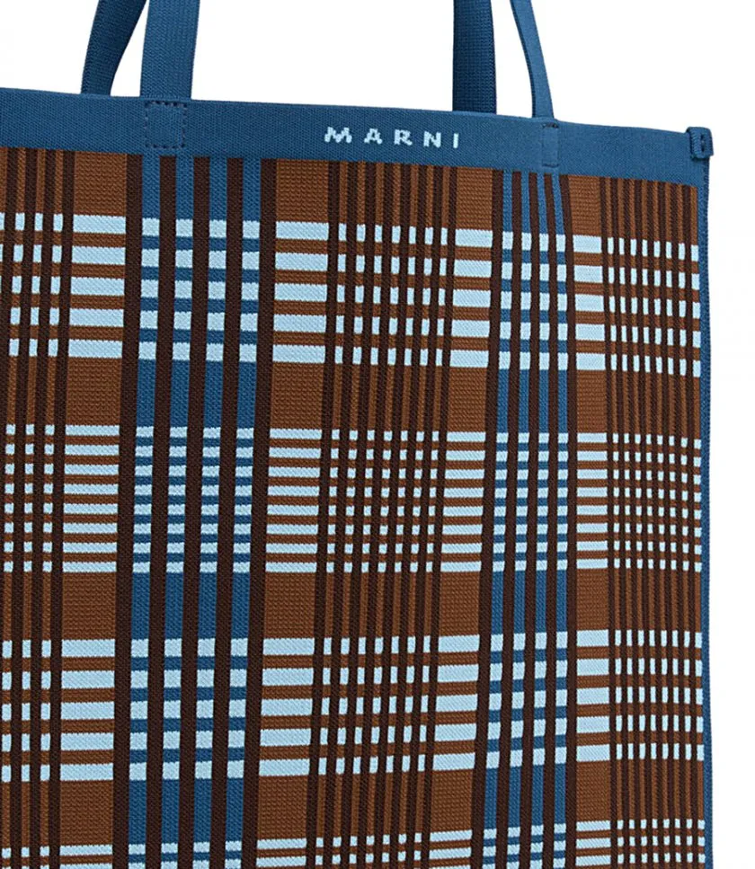 MARNIBLUE AND BROWN JACQUARD CHECK FLAT TOTE BAG