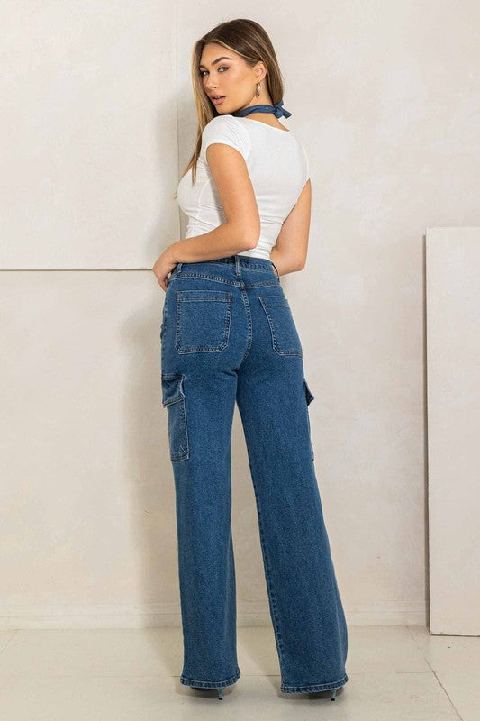 Memory High Rise Crossed Waist Cargo Wide Jeans [online exclusive]