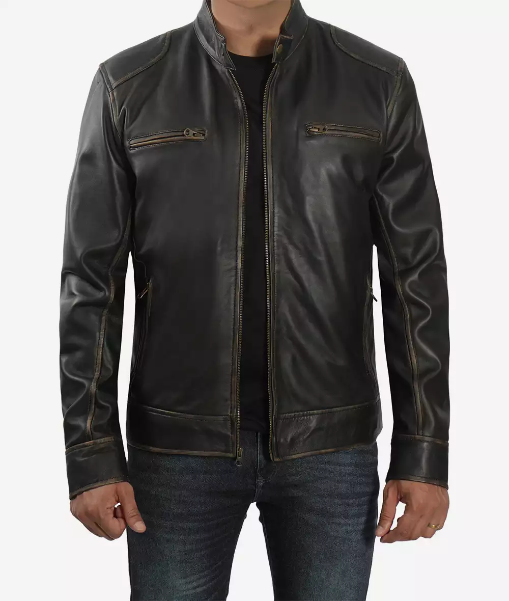 Men's Tall Rub-Off Brown Cafe Racer Leather Jacket