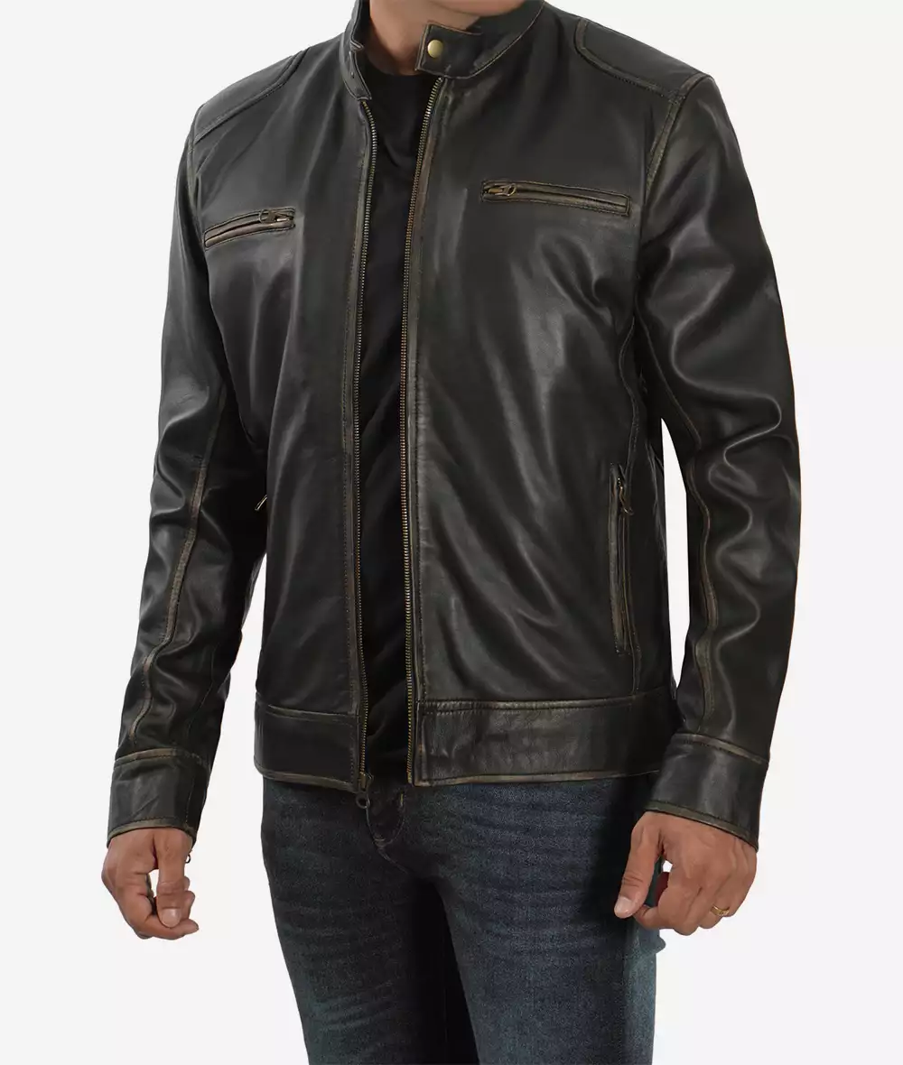 Men's Tall Rub-Off Brown Cafe Racer Leather Jacket