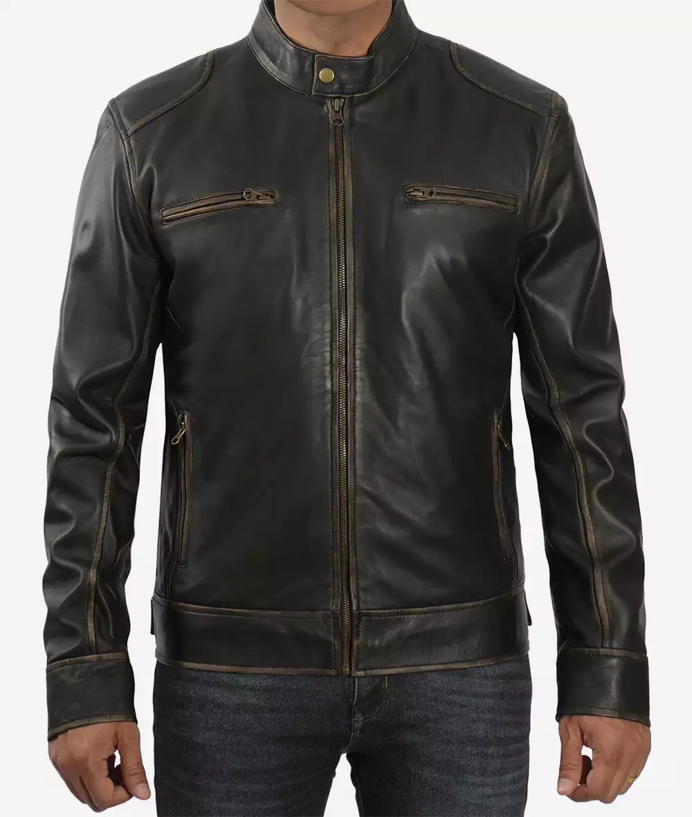 Men's Tall Rub-Off Brown Cafe Racer Leather Jacket