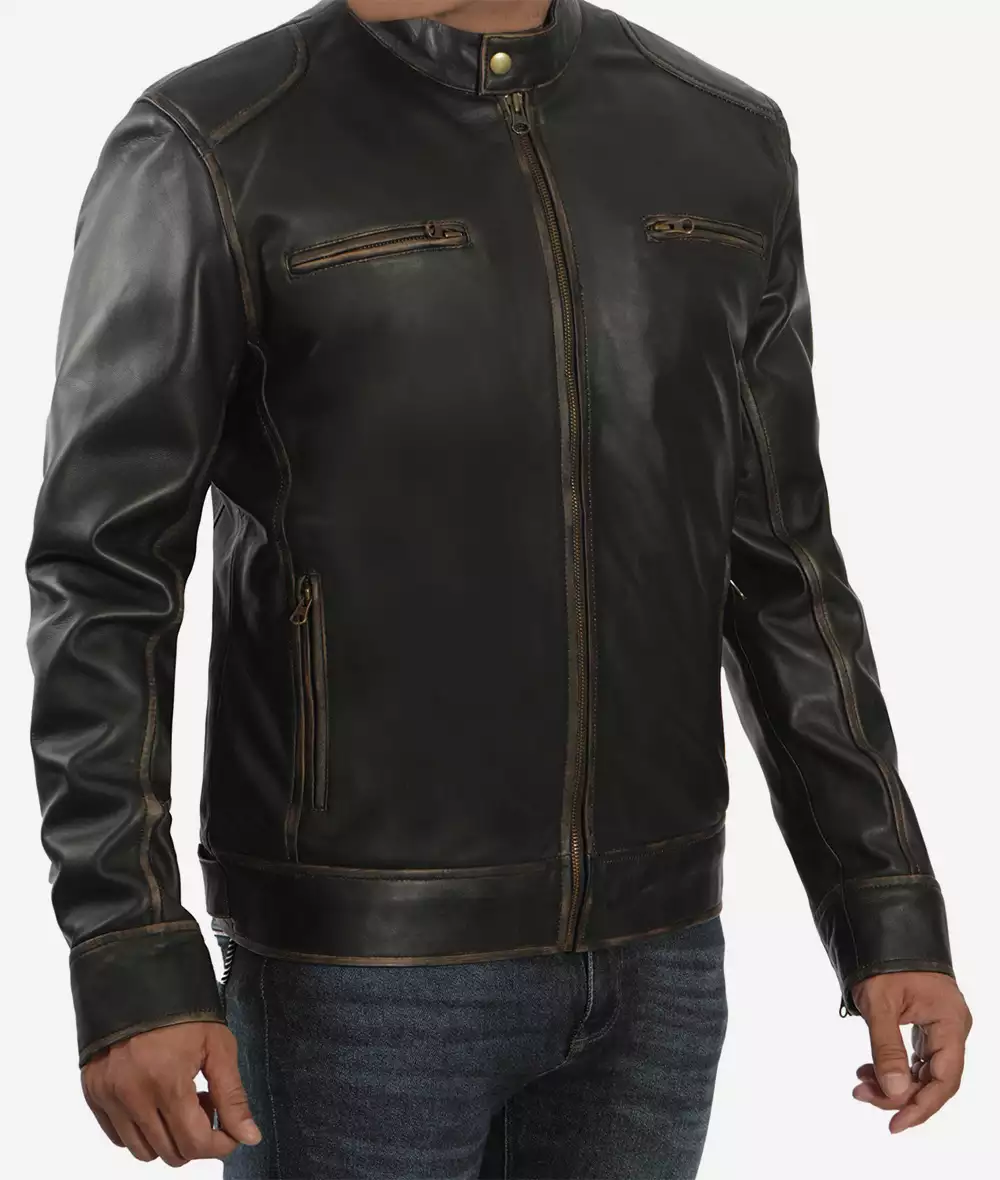 Men's Tall Rub-Off Brown Cafe Racer Leather Jacket