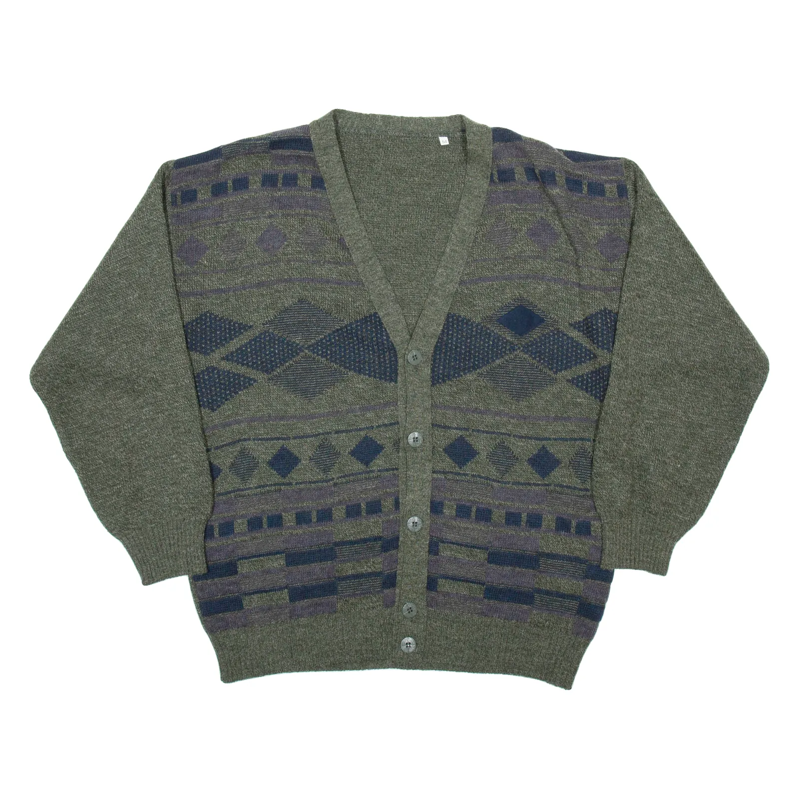 Mens Patterned Cardigan Brown Argyle V-Neck Chunky Knit Wool XL