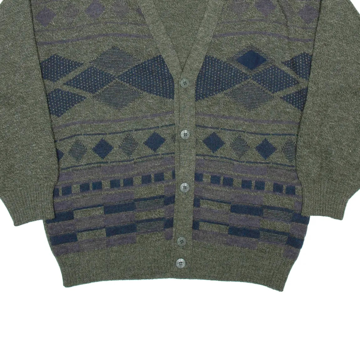 Mens Patterned Cardigan Brown Argyle V-Neck Chunky Knit Wool XL