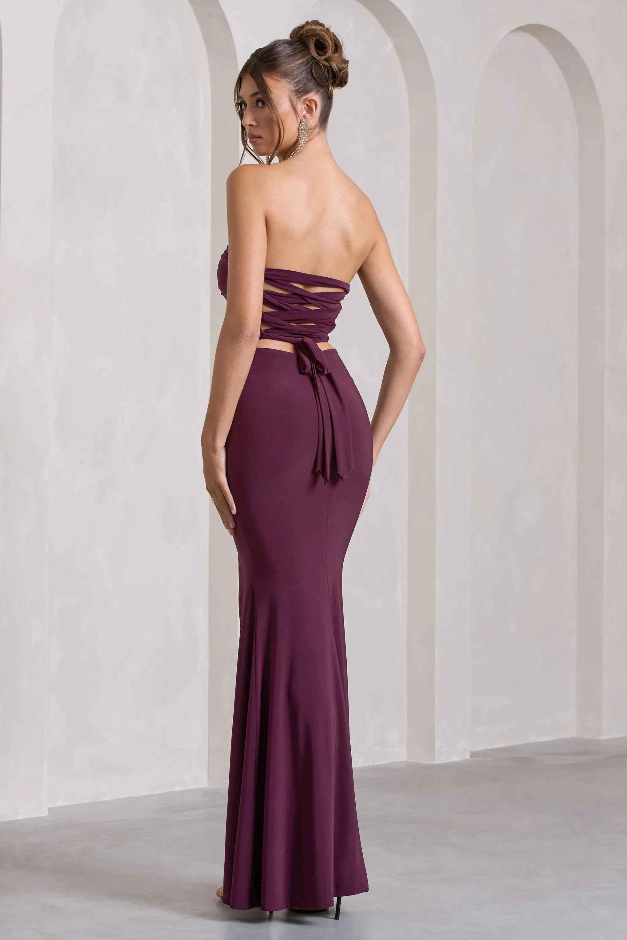 Midnight Calling | Plum  Bandeau Split Lace-Up Maxi Dress