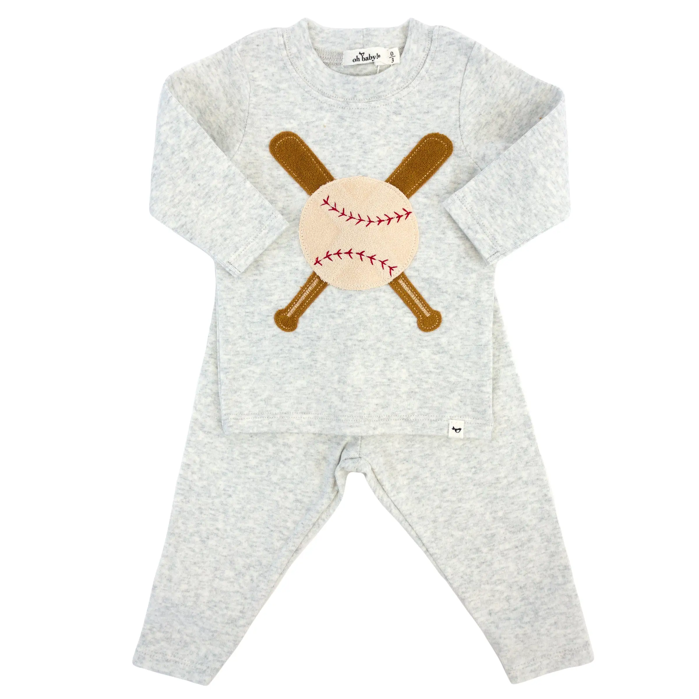 oh baby! Two Piece Set - Vintage Baseball Applique - Heather Gray