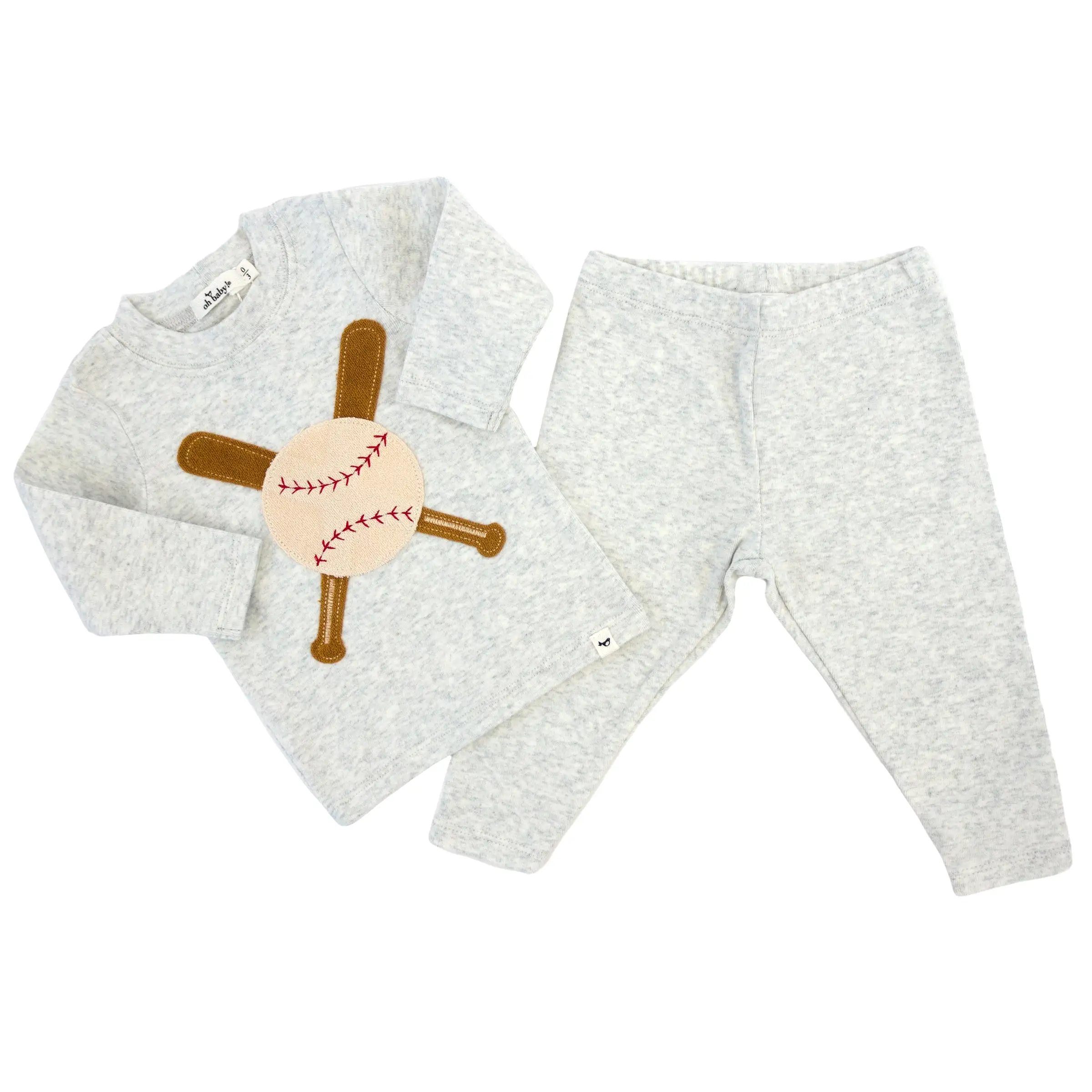 oh baby! Two Piece Set - Vintage Baseball Applique - Heather Gray