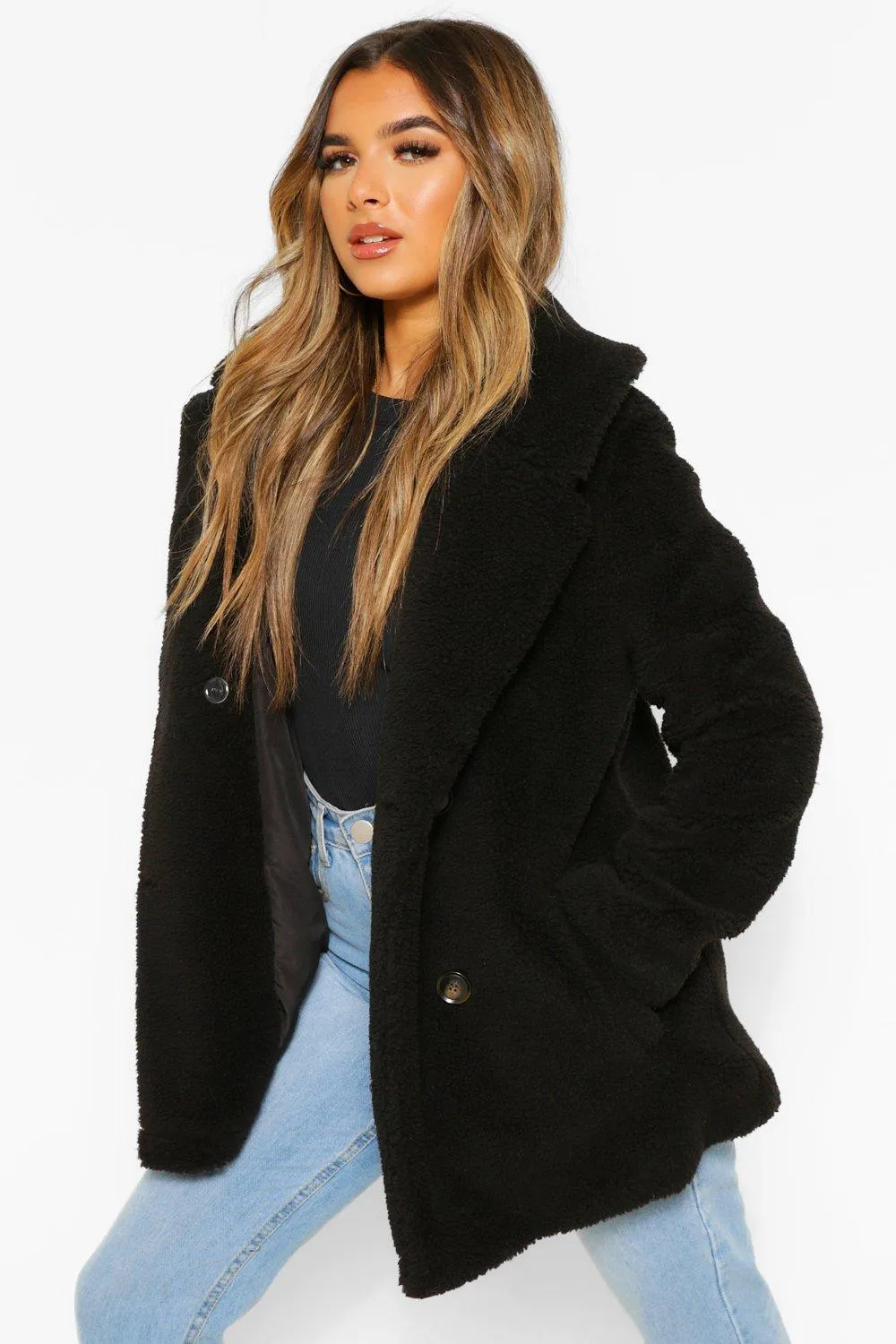 Petite Button Front Teddy Coat