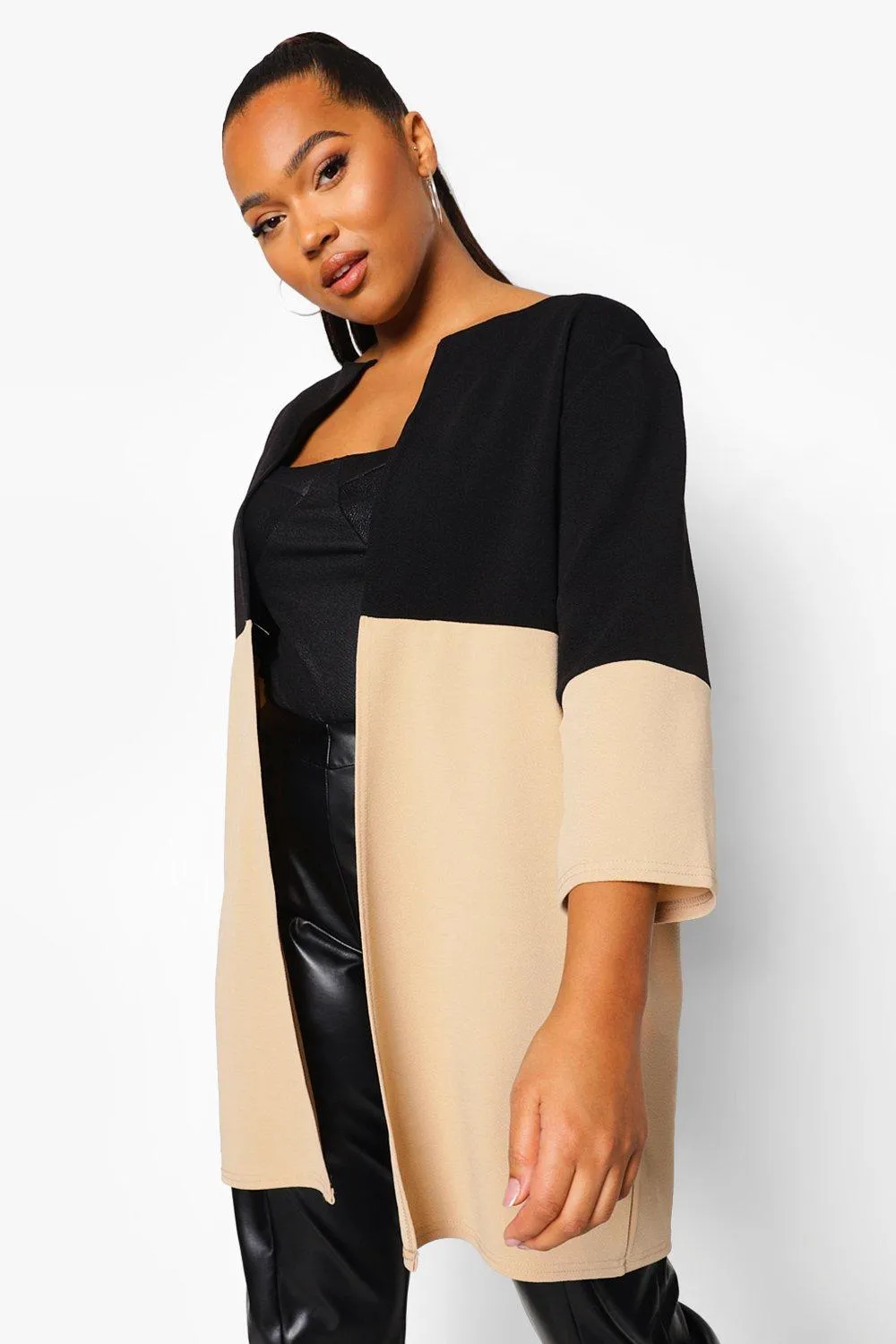 Plus Color Block 3 Quarter Sleeve Duster Coat