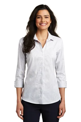 Port Authority Ladies 3/4-Sleeve Micro Tattersall Easy Care Shirt LW643 White/ Dark Grey