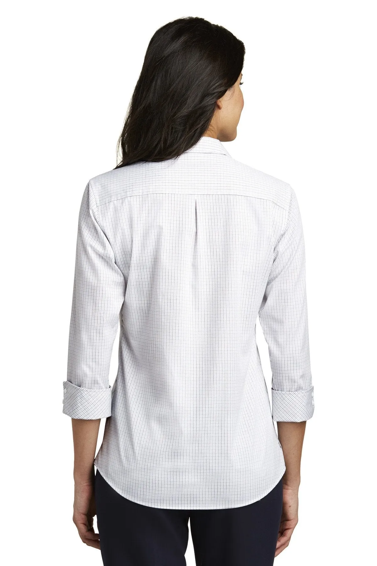 Port Authority Ladies 3/4-Sleeve Micro Tattersall Easy Care Shirt LW643 White/ Dark Grey