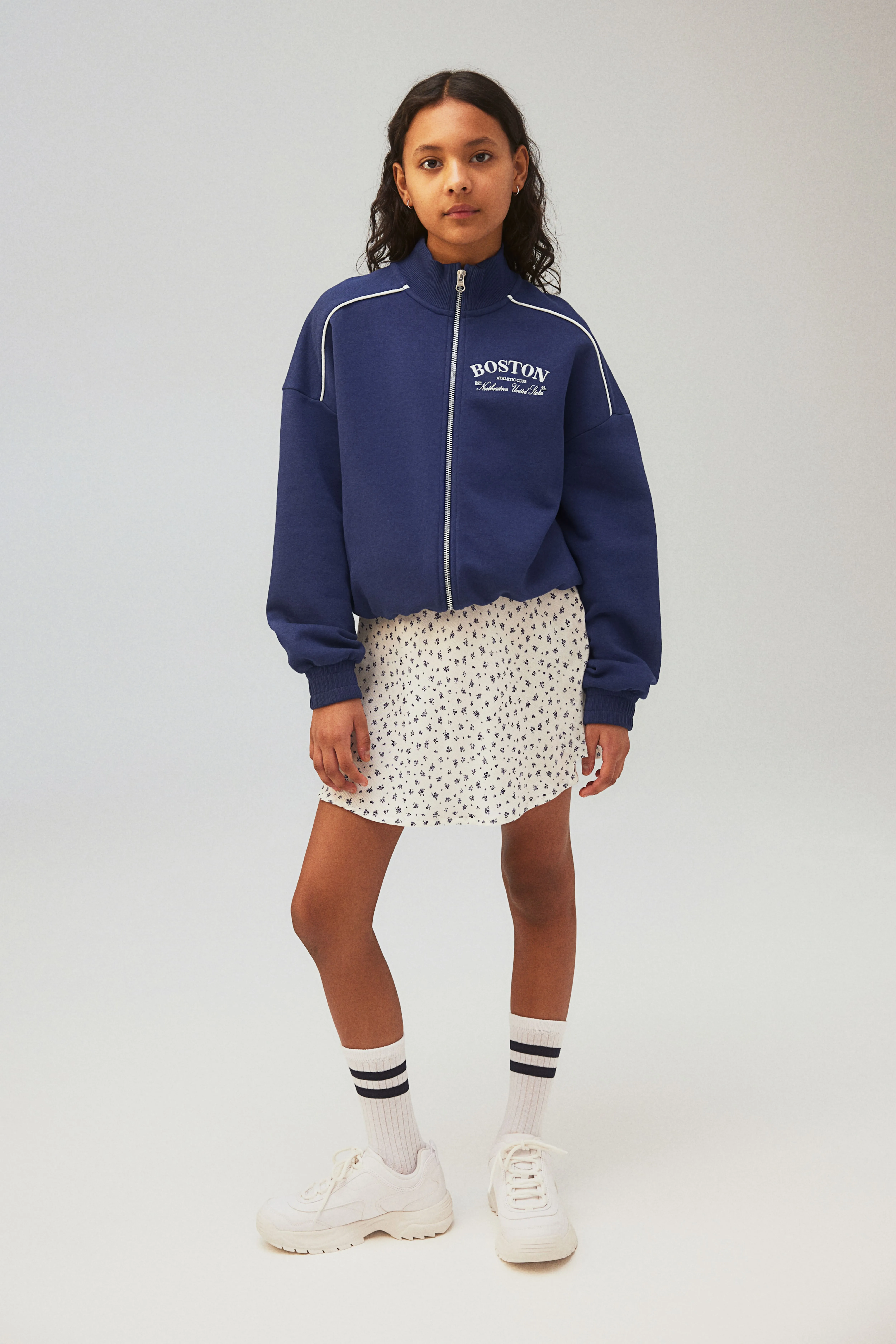 Print-motif sweatshirt track jacket - Long sleeve - Regular length - Navy blue/Boston - Kids | H&M GB