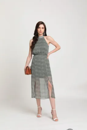 Printed Halter Neck Midi Dress With Slits