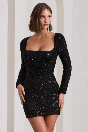 Pure Intentions | Black Sequin Long-Sleeve Cowl Mini Dress