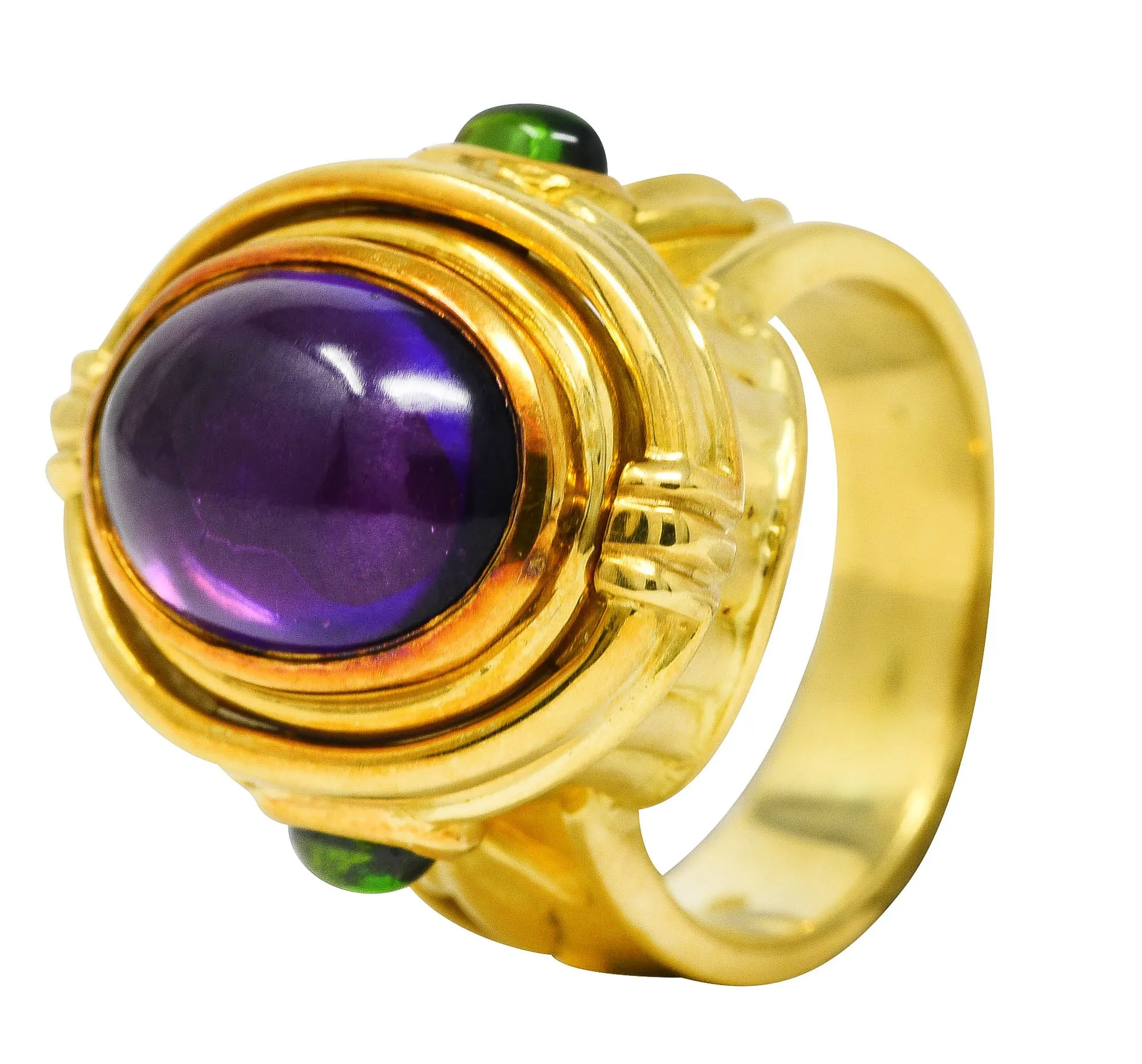 Seidengang Neoclassical Amethyst Green Tourmaline 18 Karat Yellow Gold Classic Apollo Flip Ring