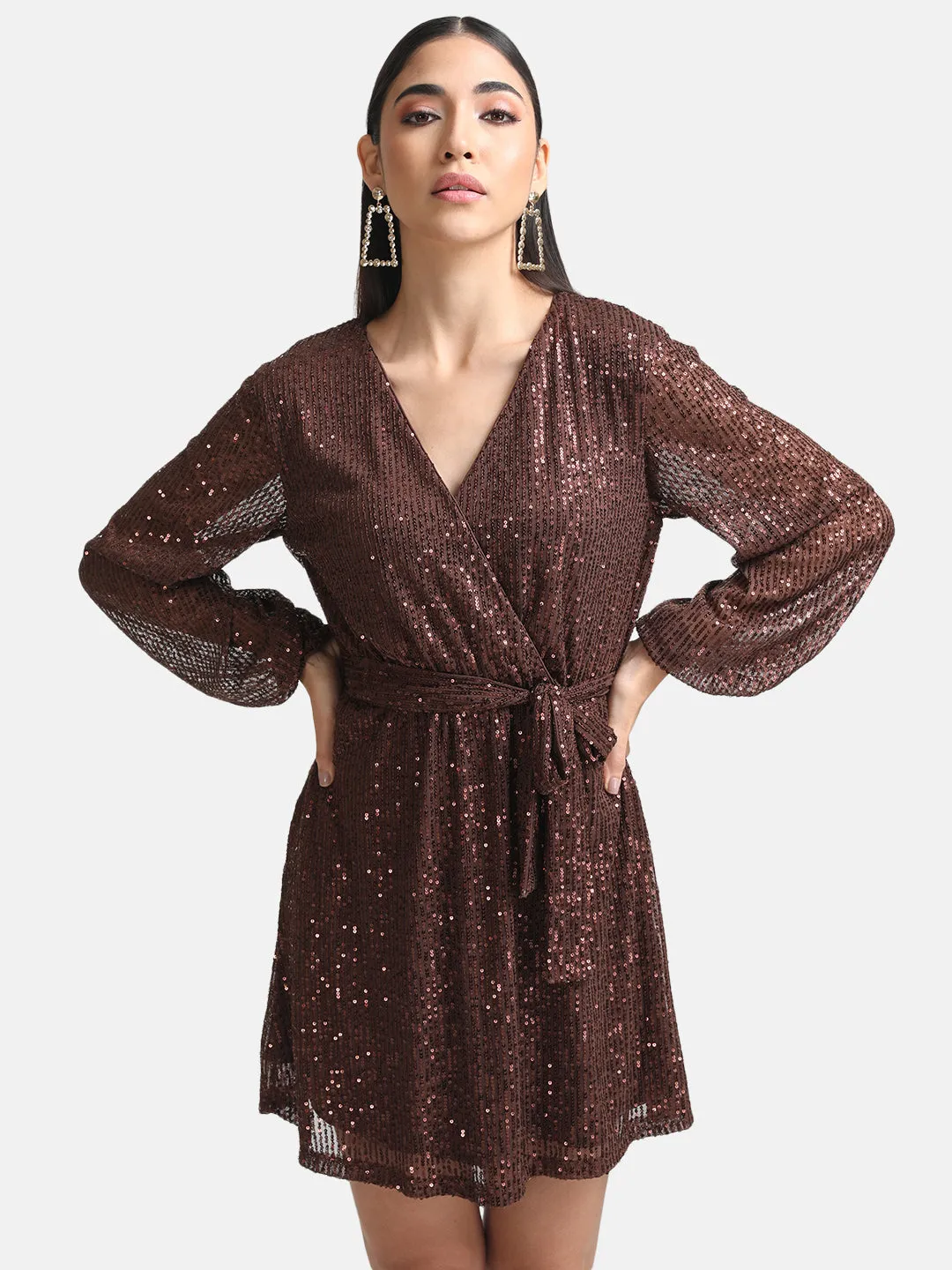 Sequin Overlap Mini Dress With Belt