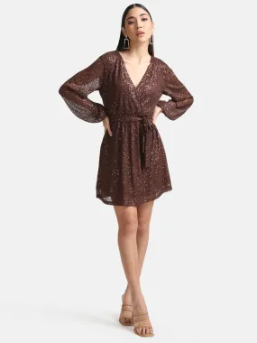 Sequin Overlap Mini Dress With Belt