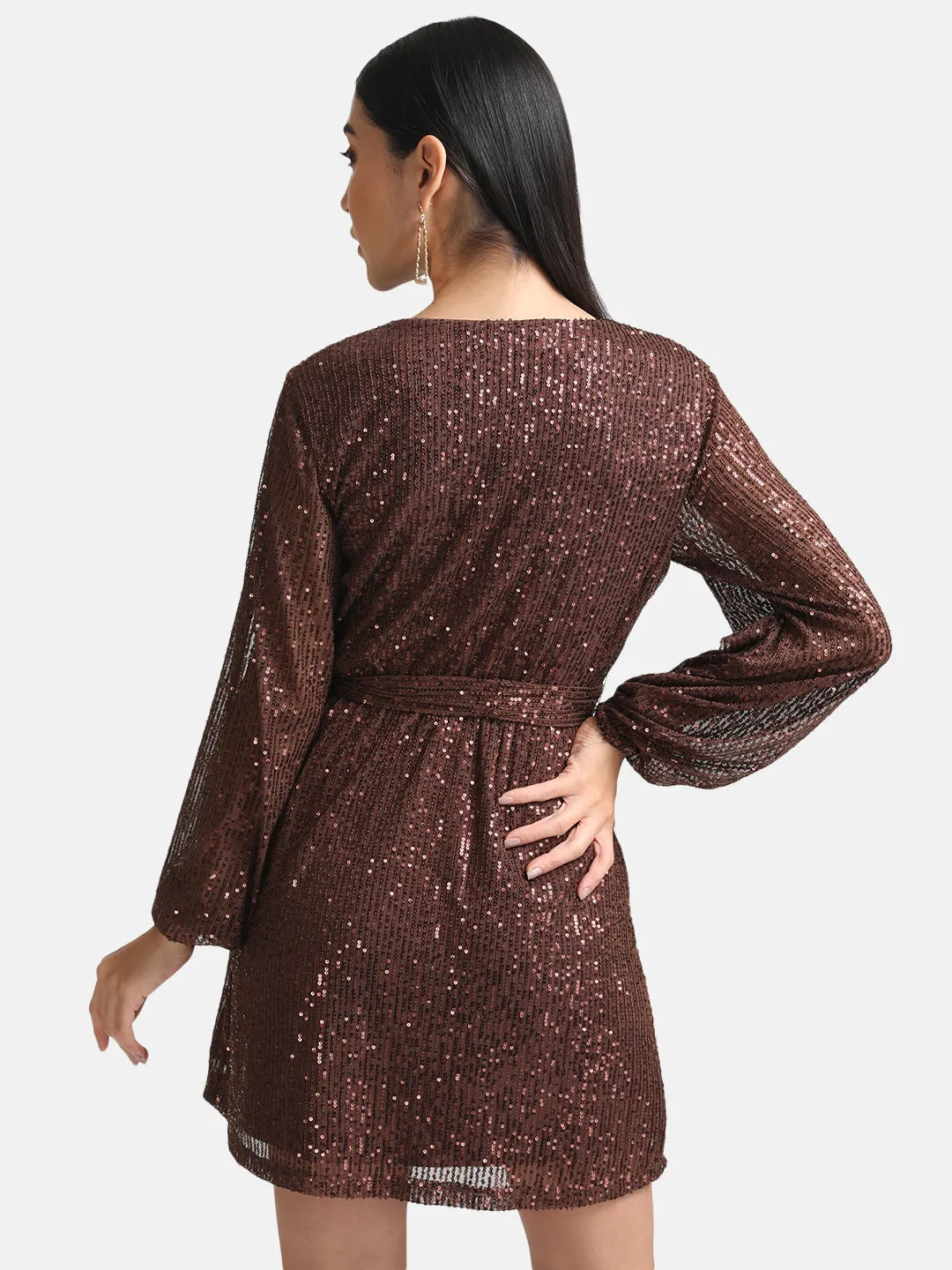 Sequin Overlap Mini Dress With Belt