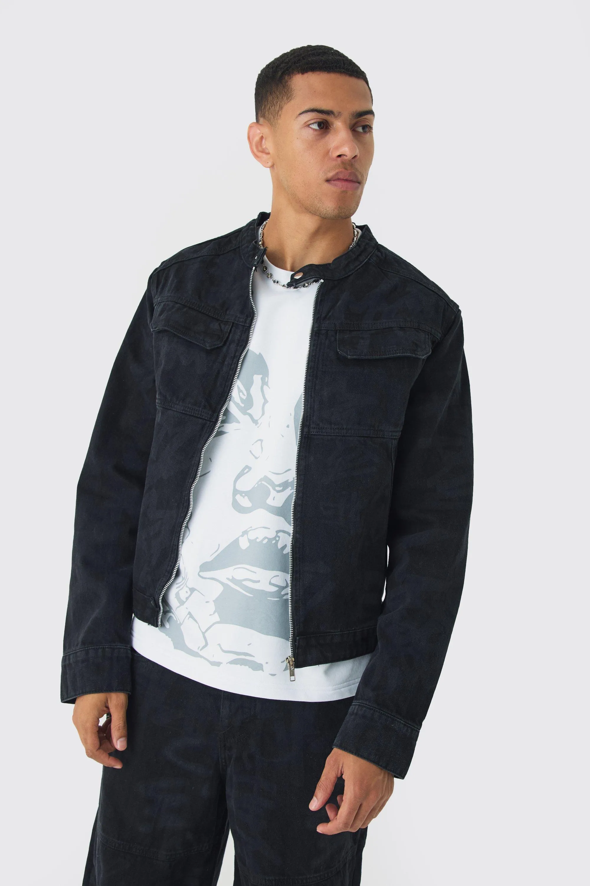 Slim Boxy Denim Graffiti Laser Print Biker Jacket | boohooMAN UK